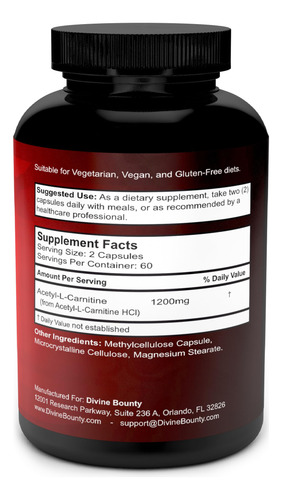 Suplemento Divine Bounty Acetil L-carnitina 1200 Mg 120 Cáps - Imagem 2