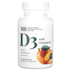 Michaels Health Vitamina D3 com Vitamina K2 Damasco 5.000 UI 90 Comprimidos Mastigáveis Vegetarianos