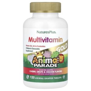 NaturesPlus Animal Parade Gold® Suplemento Multivitamínico Mastigável para Crianças Cereja Uva e Laranja 120 Comprimidos em Formato de Animais