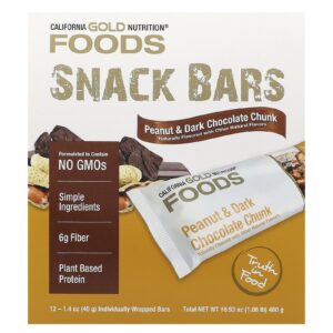 California Gold Nutrition Foods Barras com Pedaços de Amendoim e Chocolate Amargo com Amêndoas Torradas a Seco Fibra da Raiz de Chicória Ervilhas Crocantes e Mel 12 Barras 40 g (14 oz) Cada