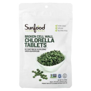 Sunfood Comprimidos de Chlorella com Parede Celular Quebrada 452 Comprimidos 113 g (4 oz)