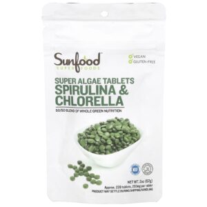 Sunfood Comprimidos Super Algae Espirulina e Chlorella 250 mg Aprox. 228 Comprimidos 57 g (2 oz)