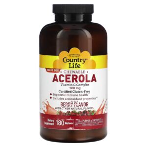 Country Life Acerola mastigável Complexo de Vitamina C Fruto Silvestre 500 mg 180 Bolachas