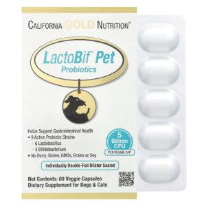 California Gold Nutrition Probióticos LactoBif® para Animais de Estimação 5 Bilhões de UFCs 60 Cápsulas Vegetais
