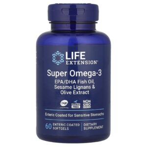 Life Extension Óleo de Peixe Super Ômega-3 EPA / DHA Lignanas de Gergelim e Extrato de Oliva 60 Cápsulas Softgel com Revestimento Entérico
