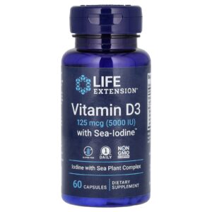 Life Extension Vitamina D3 com Iodo Marinho 125 mcg (5.000 UI) 60 Cápsulas