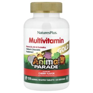 NaturesPlus Source of Life Animal Parade Gold Suplemento Vitamínico e Mineral Infantil Mastigável Sabor Natural de Cereja 120 Comprimidos em Forma de Animal