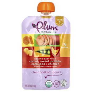 Plum Organics Alimento para Bebês A Partir de 6 Meses Cenoura Batata-Doce Milho Ervilha e Frango 113 g (4 oz)