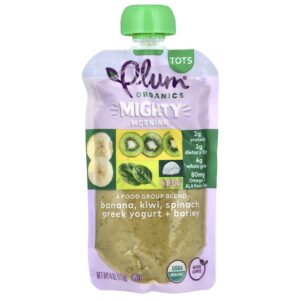 Plum Organics Mighty Morning Mistura de 4 Grupos de Alimentos Salgadinho Banana Kiwi Espinafre Iogurte Grego + Cevada 113 g (4 oz)