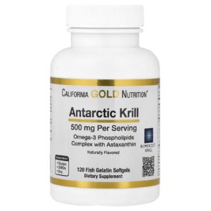 California Gold Nutrition Óleo de Krill Antártico Complexo de Fosfolipídios Ômega-3 com Astaxantina Sabor Natural de Morango e Limão 500 mg 120 Cápsulas Softgel de Gelatina de Peixe