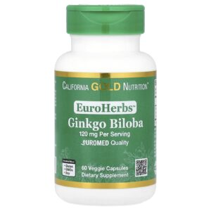 California Gold Nutrition EuroHerbs™ Extrato de Ginkgo biloba Qualidade Euromed 120 mg 60 Cápsulas Vegetais
