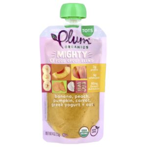 Plum Organics Mighty 4® Mistura de 4 Grupos de Alimentos Salgadinho Banana Pêssego Abóbora Cenoura Iogurte Grego Aveia 113 g (4 oz)