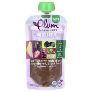 Plum Organics Mistura Mighty de 4 grupos de alimentos Salgadinho Pera Cereja Amora Morango Feijão Preto Espinafre e Aveia 113 g (4 oz)