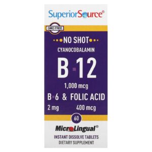 Superior Source Cianocobalamina B-12 e B-6 e Ácido Fólico 1.000 mcg e 2 mg e 400 mcg 60 Comprimidos MicroLingual de Dissolução Instantânea