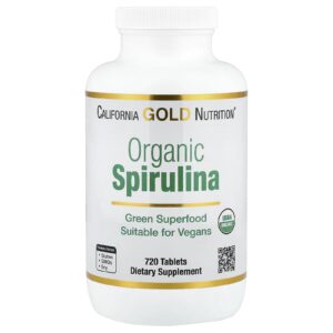 California Gold Nutrition Espirulina Orgânica com Ficocianina Clorofila e Carotenoides 720 Comprimidos