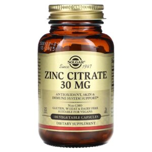 Solgar Citrato de Zinco 30 mg 100 Cápsulas Vegetais