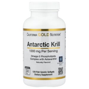 California Gold Nutrition Óleo de Krill Antártico Complexo de Fosfolipídios Ômega-3 com Astaxantina Sabor Natural de Morango e Limão 120 Cápsulas Softgel de Gelatina de Peixe