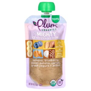 Plum Organics Mighty Tots Mistura de 4 Grupos de Alimentos Tots Banana Mirtilo Batata-Doce Cenoura Iogurte Grego Milhete 113 g (4 oz)