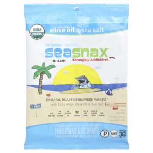 SeaSnax Seaweed Seaweed Wrapz™ Orgânicos Óleo de Oliva Extravirgem e Sal Marinho 5 Folhas Grandes 15 g (054 oz)