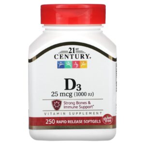21st Century Vitamina D3 25 mcg (1.000 UI) 250 Cápsulas Softgel de Liberação Rápida