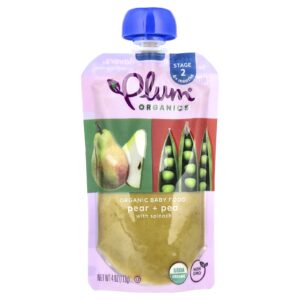 Plum Organics Alimento Orgânico para Bebês Acima de 6 Meses Pera + Ervilha com Espinafre 113 g (4 oz)