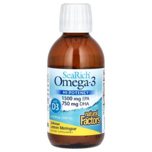 Natural Factors Ômega-3 SeaRich com Vitamina D3 Alta Potência Delicioso Merengue de Limão 200 ml (676 fl oz)