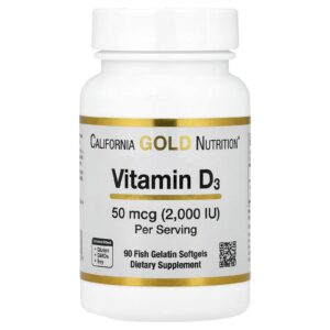 California Gold Nutrition Vitamina D3 50 mcg (2.000 UI) 90 Cápsulas Softgel de Gelatina de Peixe