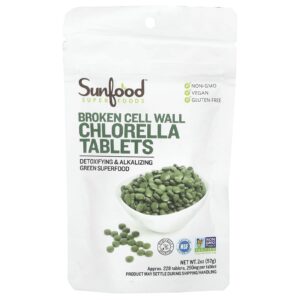 Sunfood Comprimidos Quebrados de Chlorella com Parede Celular 250 mg Aprox. 228 Comprimidos 57 g (2 oz)