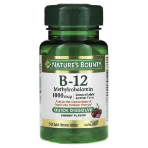 Natures Bounty B-12 e Mecobalamina Cereja 1.000 mcg 60 Comprimidos de Dissolução Rápida