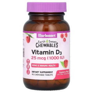 Bluebonnet Nutrition Cápsulas Mastigáveis EarthSweet® Vitamina D3 Framboesa 25 mcg (1.000 UI) 90 Comprimidos Mastigáveis