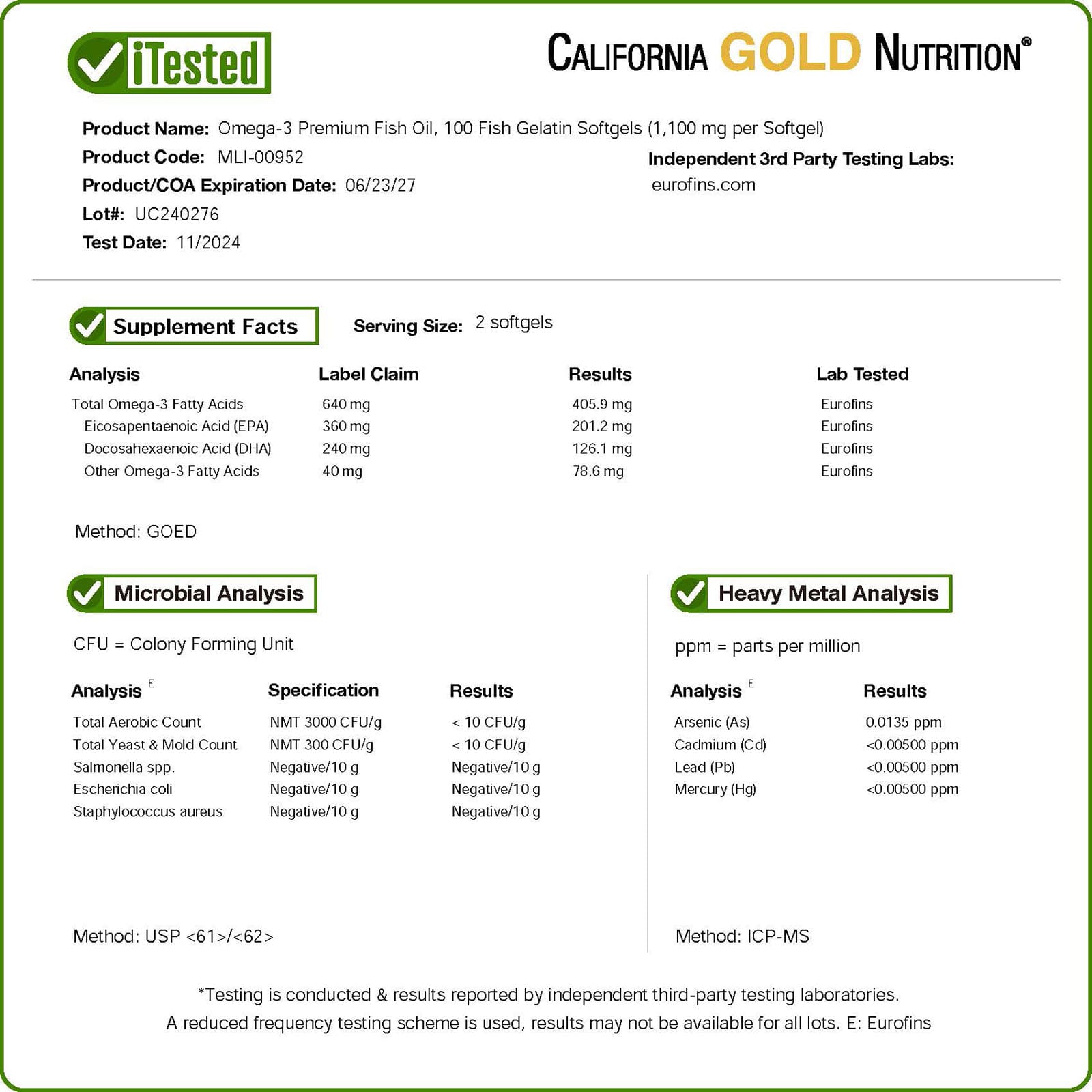 California Gold Nutrition Óleo de Peixe Premium Ômega-3 100 Cápsulas Softgel de Gelatina de Peixe (1.100 mg por Cápsula Softgel) - Imagem 4