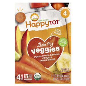 Happy Family Organics Happy Tot® Love My Veggies Fase 4 Cenouras Bananas Mangas e Batata-Doce Orgânicas 4 Sachês 120 g (422 oz) Cada