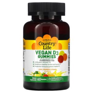 Country Life Gomas Veganas D3 Sabores de Limão Morango e Laranja 25 mcg (1.000 UI) 60 Gomas