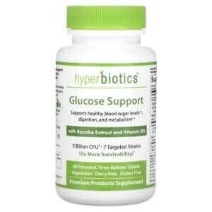 Hyperbiotics Suporte de Glicose com Extrato de Banaba e Vitamina D3 5 Bilhões de UFCs 60 Comprimidos Patenteados de Liberação Temporária
