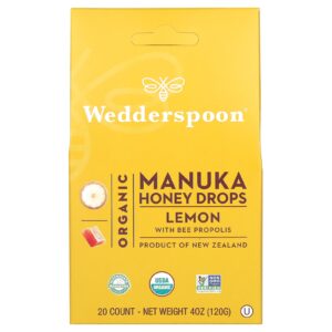 Wedderspoon Pastilhas de Mel de Manuka Orgânico Limão com Própolis de Abelha 20 Unidades 120 g (4 oz)