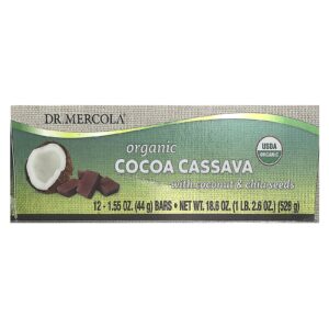 Dr. Mercola Mandioca e Cacau Orgânico com Sementes de Coco e Chia 12 Barras 44 g (155 oz) Cada