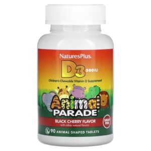 NaturesPlus Animal Parade Vitamina D3 Sem Açúcar Cereja Negra 125 mcg (500 UI) 90 Comprimidos em Formato de Animais