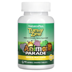 NaturesPlus Source of Life Animal Parade Tummy Zyme com Enzimas Ativas Alimentos Integrais e Probióticos Sabor Natural de Frutas Tropicais 90 Comprimidos em Formato de Animais