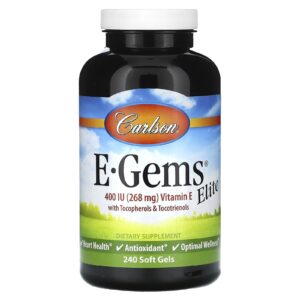 Carlson E-Gems Elite Vitamina E com Tocoferóis e Tocotrienóis 268 mg (400 UI) 240 Cápsulas Softgel