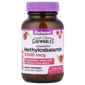 Bluebonnet Nutrition EarthSweet Mastigáveis CellularActive Methylcobalamin Sabor de Framboesa 5.000 mcg 60 Comprimidos Mastigáveis