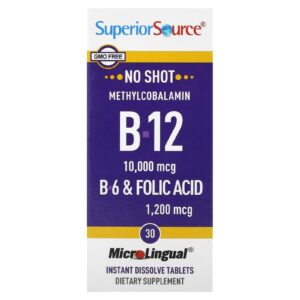 Superior Source Mecobalamina B-12 B-6 e Ácido Fólico 30 Comprimidos MicroLingual de Dissolução Instantânea