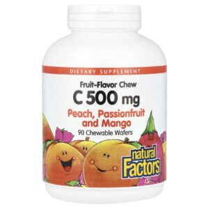 Natural Factors Mastigação com Sabor de Frutas Vitamina C Pêssego Maracujá e Manga 500 mg 90 Bolachas Mastigáveis