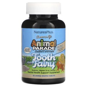 NaturesPlus Source of Life Animal Parade Probiótico de Fada dos Dentes Mastigáveis para Crianças com Probióticos M18 Sabor Natural de Baunilha 90 Comprimidos em Forma de Animal