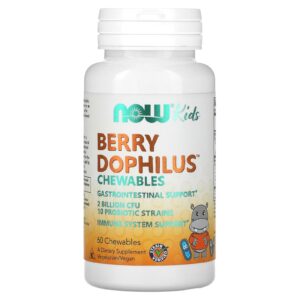 NOW Foods Berry Dophilus Para Crianças 2 Bilhões 60 Mastigáveis
