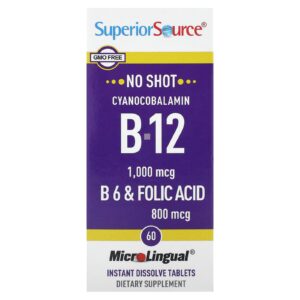 Superior Source Cianocobalamina B-12 B-6 e Ácido Fólico 60 Comprimidos de Dissolução Instantânea MicroLingual