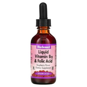 Bluebonnet Nutrition Vitamina Líquida B-12 e ácido fólico sabor natural framboesa 2 fl oz (59 ml)