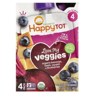 Happy Family Organics Happy Tot® Love My Veggies Fase 4 Bananas Orgânicas Beterraba Abóbora e Mirtilo 4 Sachês 120 g (422 oz) Cada