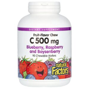 Natural Factors Sabor de Frutas Vitamina C Mirtilo Framboesa e Boysenberry 500 mg 90 Bolachas Mastigáveis
