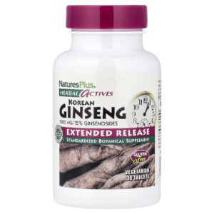 NaturesPlus Ativos de Ervas Ginseng Coreano Liberação Prolongada 1.000 mg 30 Comprimidos
