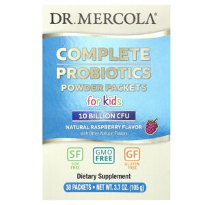 Dr. Mercola Pacotes Completos de Probióticos em Pó para Crianças Framboesa Natural 10 Bilhões de UFCs 30 Pacotes 35 g (012 oz) Cada